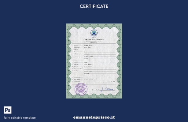 modello PSD del certificato di morte dei documenti vitali della Micronesia in st